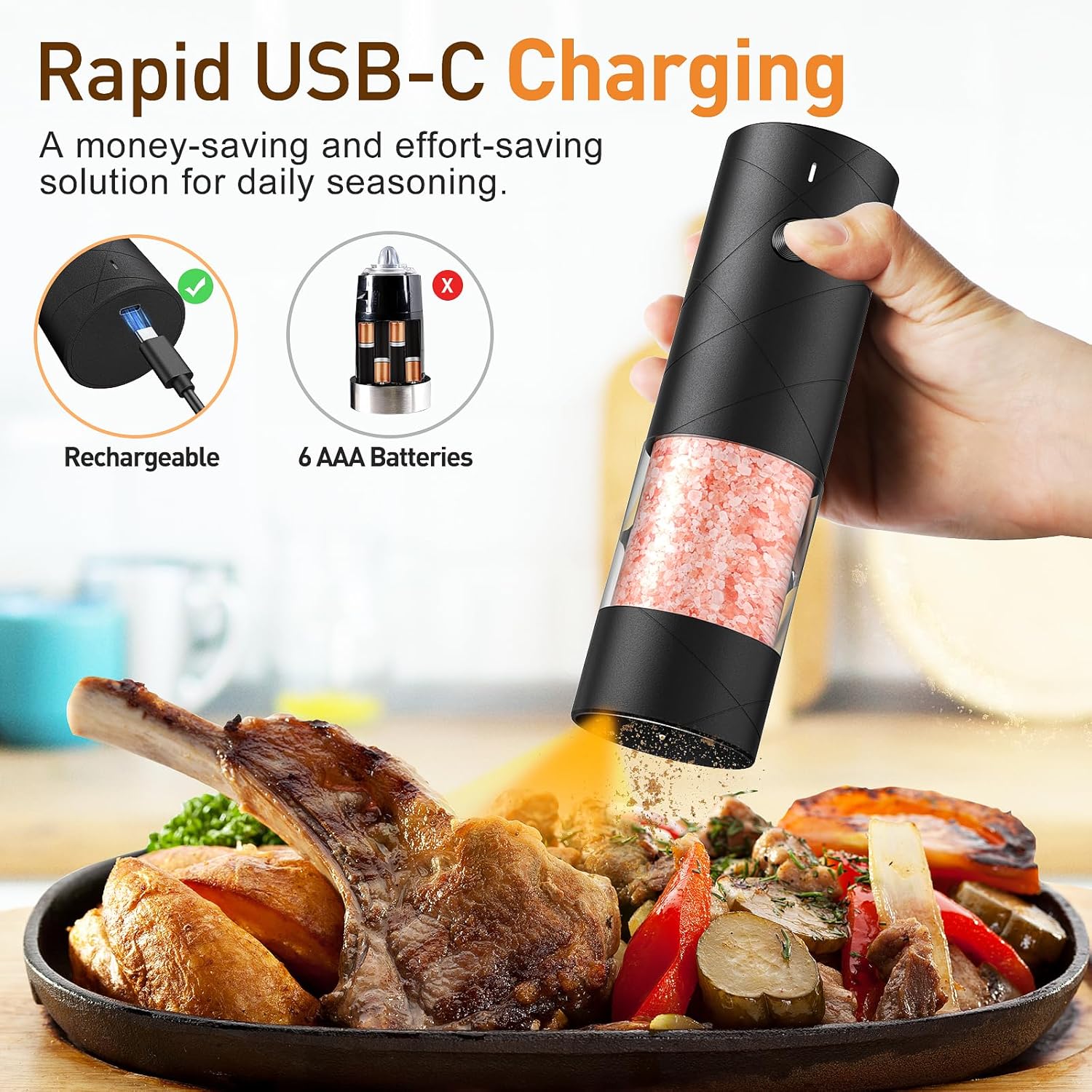 Electric Salt and Pepper Grinder Set, Rechargeable Automatic Pepper Mill Grinder with LED Light, Adjustable Coarseness shakers, One-Hand Operation for Kitchen(2 Pack, Upgrade Black+White) - Image 2