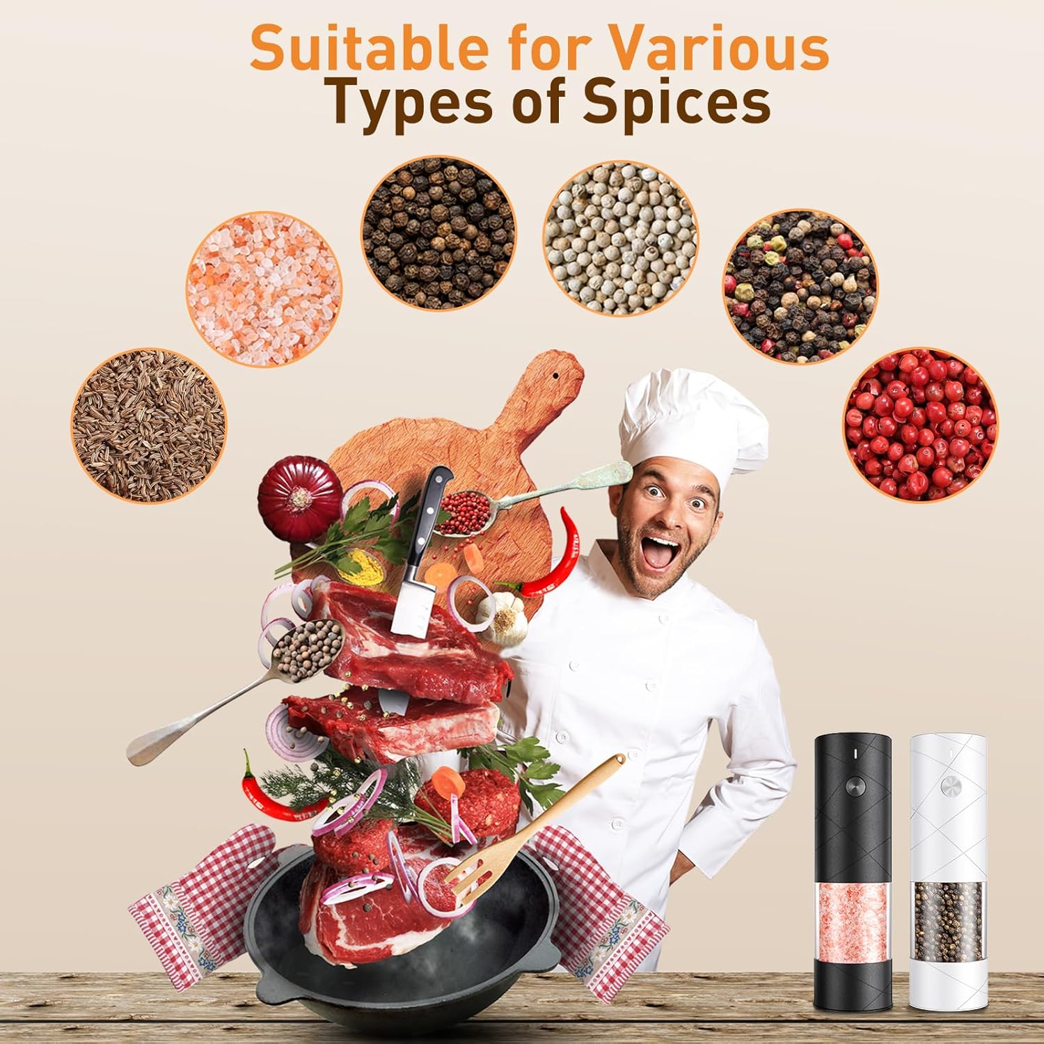 Electric Salt and Pepper Grinder Set, Rechargeable Automatic Pepper Mill Grinder with LED Light, Adjustable Coarseness shakers, One-Hand Operation for Kitchen(2 Pack, Upgrade Black+White) - Image 5