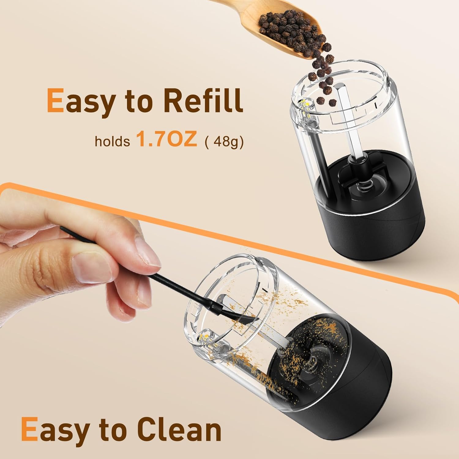 Electric Salt and Pepper Grinder Set, Rechargeable Automatic Pepper Mill Grinder with LED Light, Adjustable Coarseness shakers, One-Hand Operation for Kitchen(2 Pack, Upgrade Black+White) - Image 6