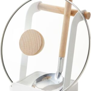 Yamazaki Home Ladle & Lid Rest - Kitchen Utensil Organizer Stand for Cooking Steel + Wood White