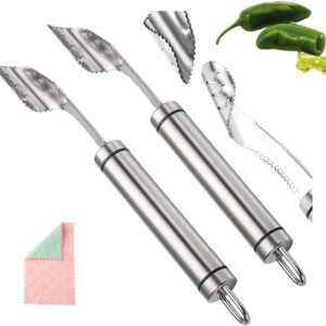 Pepper Seed Corer Remover with Cleaning Cloth, 304 Stainless Steel Fruit Seed Remover with Serrated Teeth, Jalapeno Pepper Corer Tool Chili Deseeder, Essential Kitchen Gadgets (2pcs)