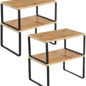 SONGMICS Cabinet Organizer Shelf, Set of 4 Kitchen Counter Shelves, Kitchen Storage, Spice Rack, Stackable, Expandable, Metal and Engineered Wood, Ink Black and Natural Beige UKCS10NB