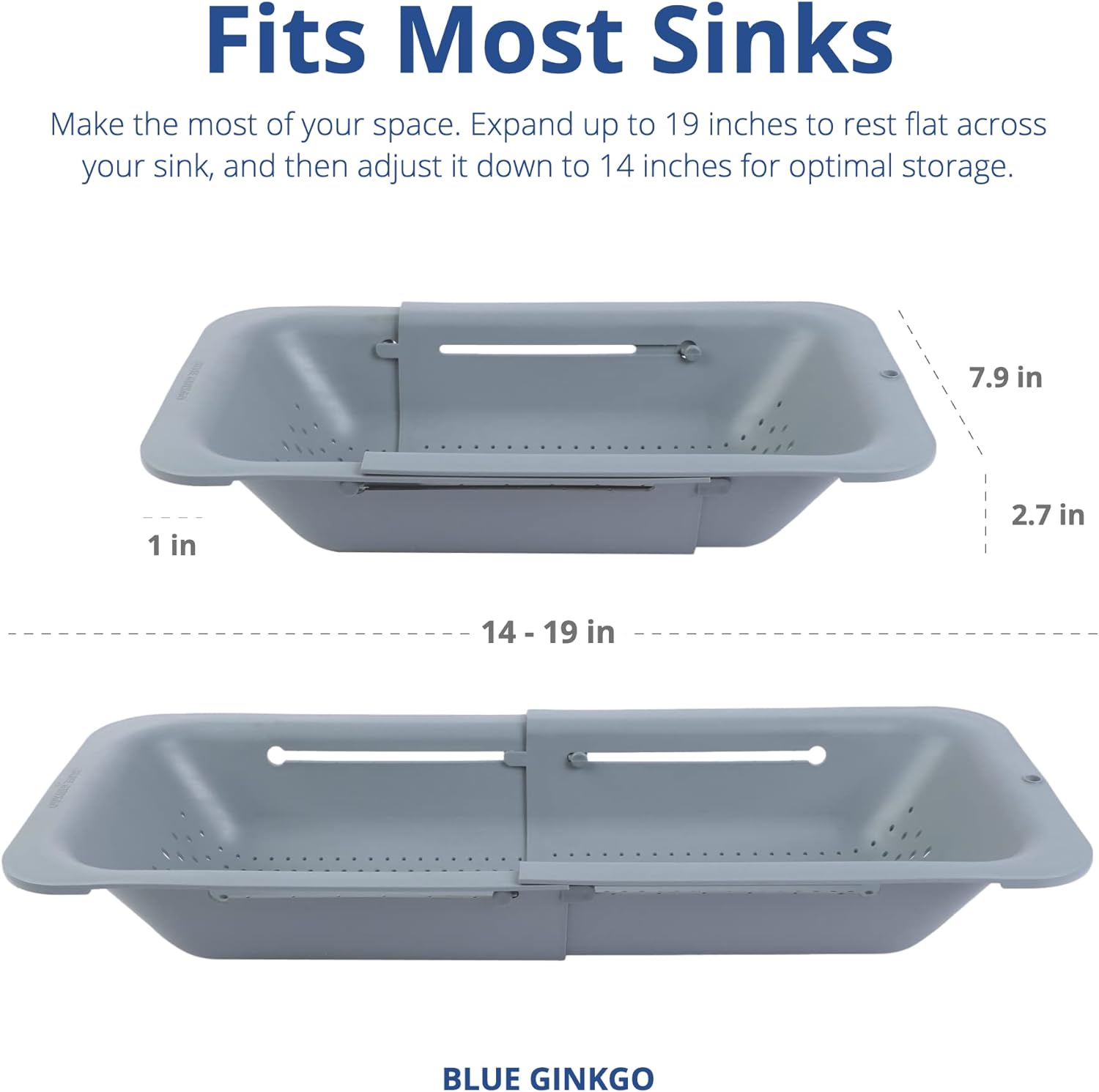 BLUE GINKGO Over the Sink Colander Strainer Basket - Wash Vegetables and Fruits, Drain Cooked Pasta and Dry Dishes - Extendable - New Home Kitchen Essentials (7.9W x 14-19L x 2.75H) - Gray - Image 5