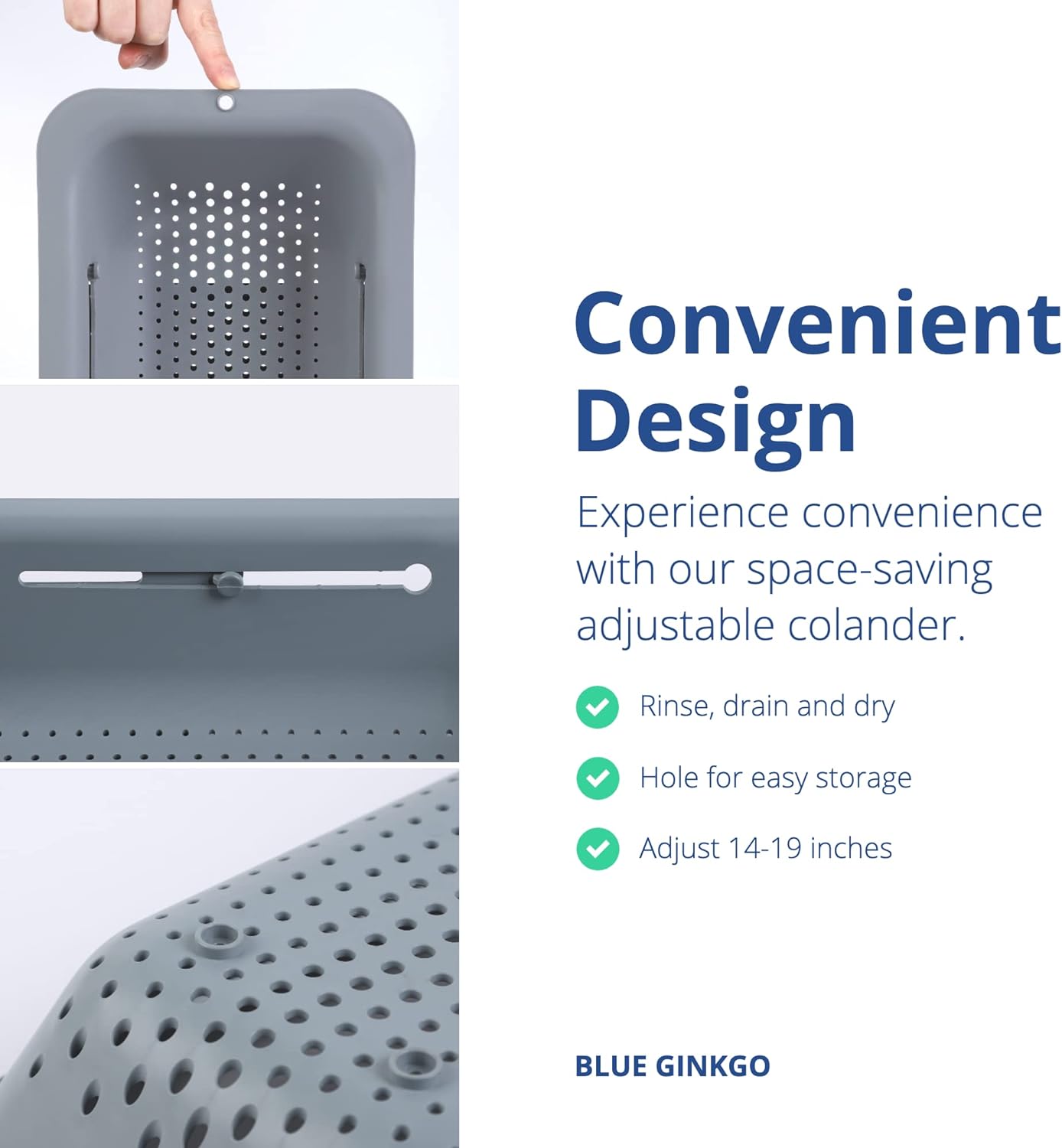 BLUE GINKGO Over the Sink Colander Strainer Basket - Wash Vegetables and Fruits, Drain Cooked Pasta and Dry Dishes - Extendable - New Home Kitchen Essentials (7.9W x 14-19L x 2.75H) - Gray - Image 4