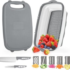 Gintan Camping Cutting Board, 9-in-1 Collapsible Chopping Board with Colander, Gifts for Campers Happy Camper,Camping Accessories for RV Campers (Gray)