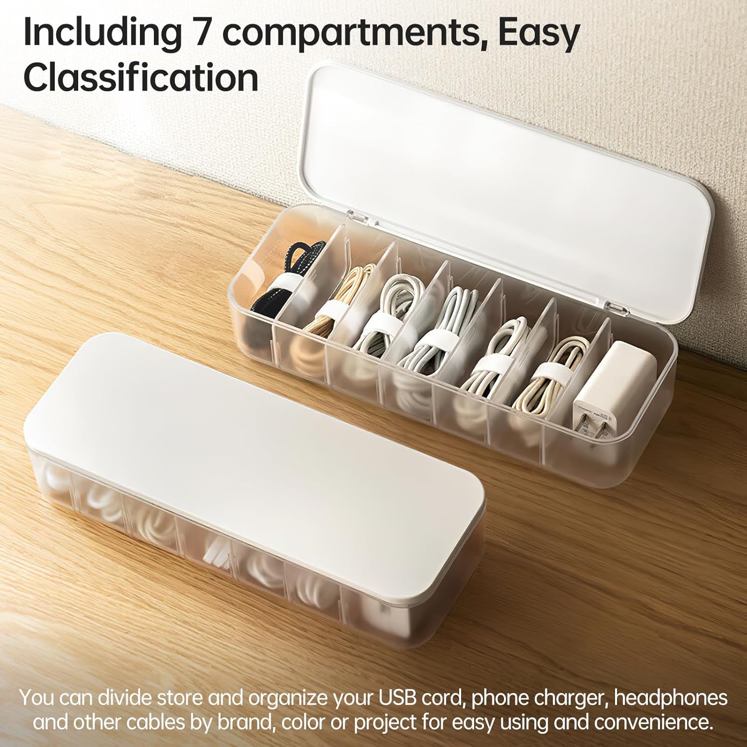 Cable Organizer Storage Box with 7 Wire Ties,Desktop Cable Management Box with Lid,Power Cord Organizer with 7 Compartments for Office,Home,Desk Accessories Storage Stationery Supplies White - Image 6