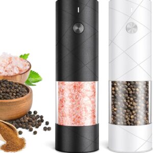 Electric Salt and Pepper Grinder Set, Rechargeable Automatic Pepper Mill Grinder with LED Light, Adjustable Coarseness shakers, One-Hand Operation for Kitchen(2 Pack, Upgrade Black+White)