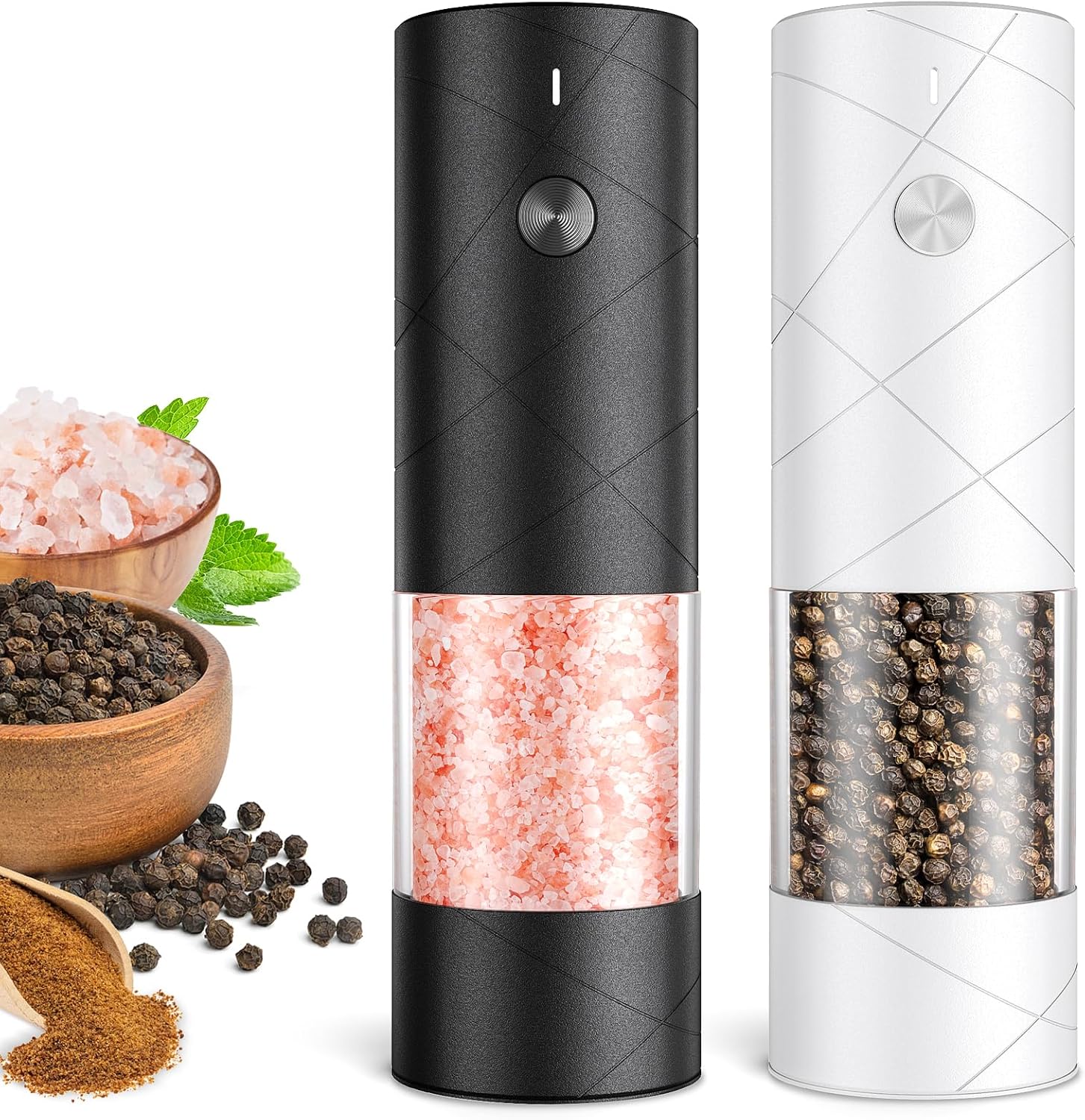 Electric Salt and Pepper Grinder Set, Rechargeable Automatic Pepper Mill Grinder with LED Light, Adjustable Coarseness shakers, One-Hand Operation for Kitchen(2 Pack, Upgrade Black+White)