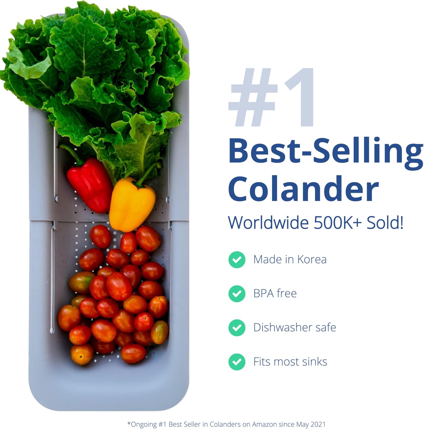 BLUE GINKGO Over the Sink Colander Strainer Basket - Wash Vegetables and Fruits, Drain Cooked Pasta and Dry Dishes - Extendable - New Home Kitchen Essentials (7.9W x 14-19L x 2.75H) - Gray - Image 2