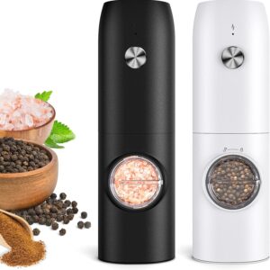 Electric Salt and Pepper Grinder Set, Rechargeable Automatic Pepper Mill Grinder with LED Light, Adjustable Coarseness shakers, One-Hand Operation for Kitchen(2 Pack,Black+White)