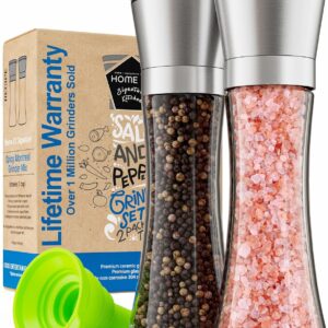 Home EC Premium Stainless Steel Sea Salt and Pepper Grinder Set of 2 - Adjustable Ceramic - Tall Glass Salt and Pepper Shakers - Kitchen Spice Mill W/Funnel & EBook