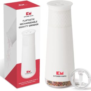 Kitchen Mama FlipTastic Rechargeable Salt and Pepper Grinder – Gravity Electric Grinder, Pepper Mill, Adjustable Coarseness, One-Hand Operation, Refillable Salt and Pepper Mill for Kitchen (White)