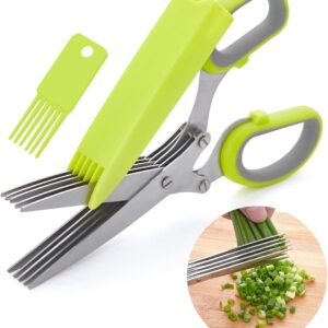 LHS Herb Scissors, Multipurpose 5 Blade Kitchen Herb Shears with Safety Cover, Kitchen Scissors for Chopping Basil Chive Parsley -Green