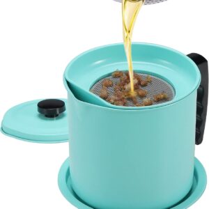 Cambom Bacon Grease Container with Fine Mesh Strainer, 1.3 L almost 6 Full Cups Iron Cooking Oil Can with Removable a Coaster Tray for Kitchen Fat Storage Lake Green