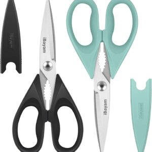 Kitchen Shears, iBayam Kitchen Scissors All Purpose Heavy Duty Meat Poultry Shears, Dishwasher Safe Food Cooking Stainless Steel Utility Scissors, Home Apartment Essentials, 2-Pack, Black, Aqua Sky