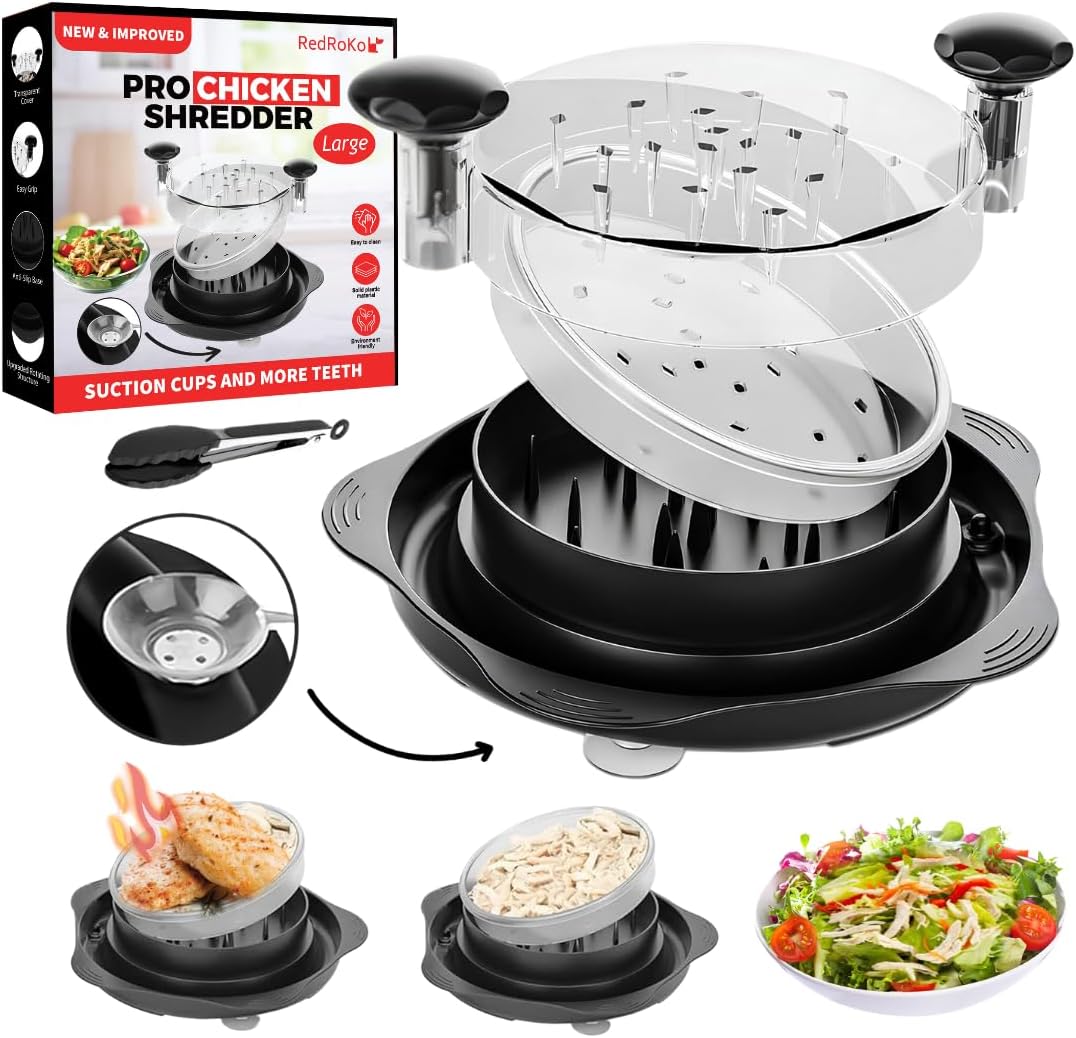Pro Chicken Shredder with Suction Cups - Large Chicken Shredder Tool Twist with Ergonomic Handle, Transparent Lid & Anti-Slip Design - Meat Shredder Tool, Kitchen Gadgets & Home Essentials