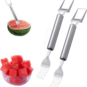 Watermelon Fork Slicer Cutter, 2025 New 2-in-1 Stainless Steel Fruit Cutter, Dual Head Fruit Forks, Summer Watermelon Cutter Slicer Tool Home Kitchen Gadgets (2 PCS)