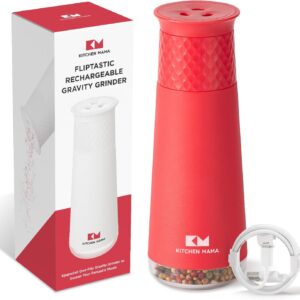 Kitchen Mama FlipTastic Rechargeable Salt and Pepper Grinder – Gravity Electric Grinder, Pepper Mill, Adjustable Coarseness, One-Hand Operation, Refillable Salt and Pepper Mill for Kitchen (Red)