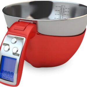 Fradel Digital Kitchen Food Scale with Bowl - 11lb, Grams & Ounces - Removable, Dishwasher-Safe Mixing Bowl - Red