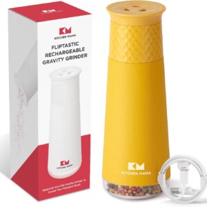 Kitchen Mama FlipTastic Rechargeable Salt and Pepper Grinder – Gravity Electric Grinder, Pepper Mill, Adjustable Coarseness, One-Hand Operation, Refillable Salt and Pepper Mill for Kitchen (Yellow)