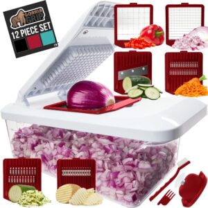 GORILLA GRIP Heavy Duty 12-in-1 Vegetable Chopper, 6 Blades, Food Choppers with Container, Cucumber Mandoline Slicer, Dice Onions, Slice Veggies, Chop Salad, Home Essential Kitchen Gadgets Tool, Red