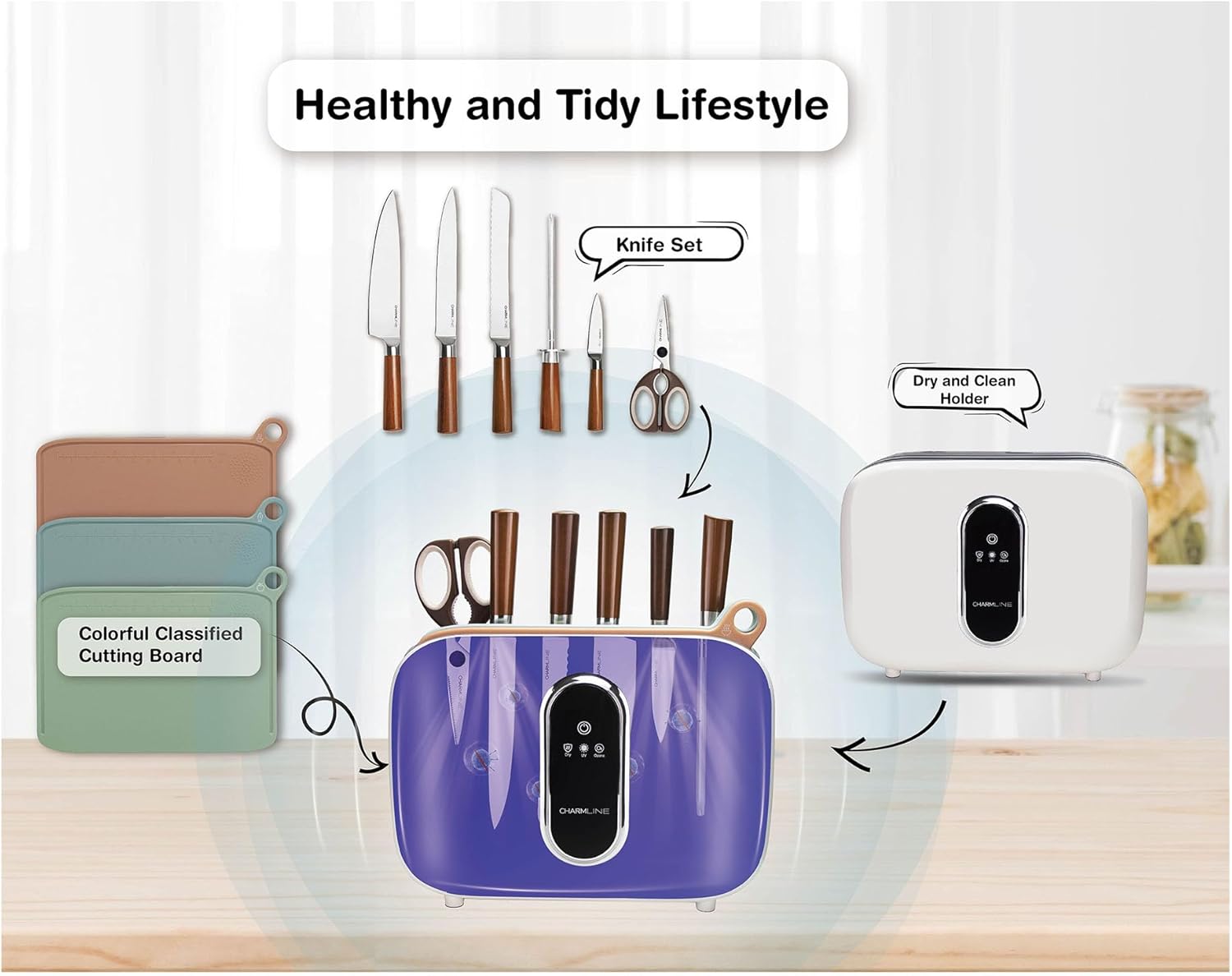 Charmline Smart Cutting Board and Knife Set with Holder, Double Cleaning and Drying Function, Space Saving Smart Home Gadgets, Keeping Kitchen Clean and Tidy, Brown - Image 5