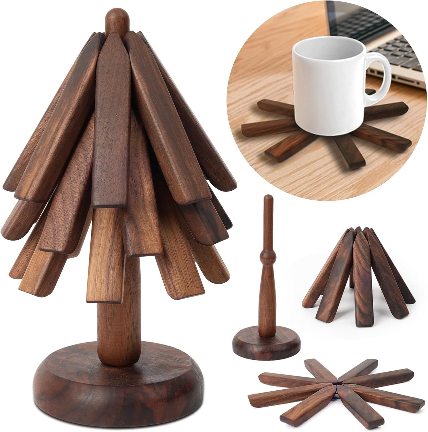 Black Walnut Wood Table Mat Set,Wood Coasters, Creative Small Tree Coaster, Wooden Trivets for Hot Dishes,Unique Kitchen Gadgets, Home Desktop Decorations (Black Walnut)