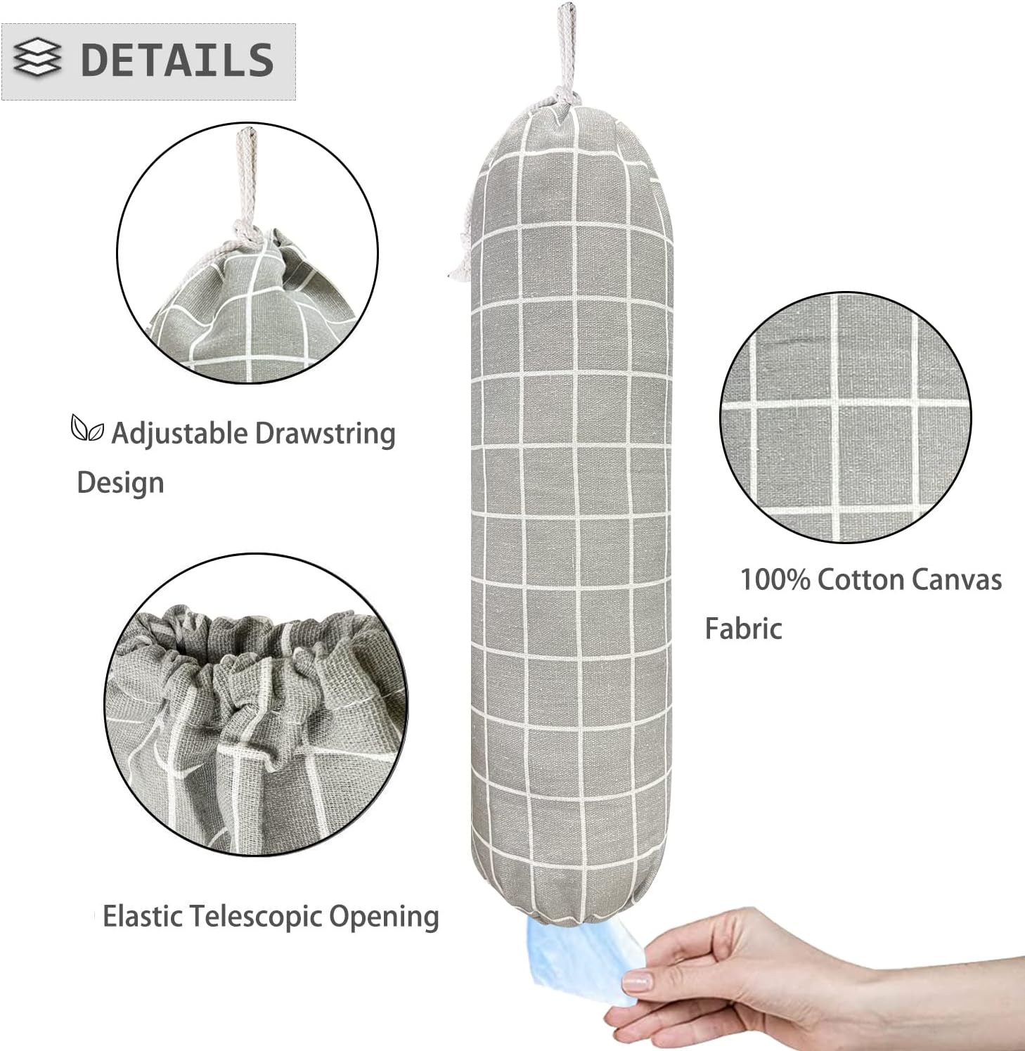 SYIPO Plastic Bag Holder, Wall Mount Organizer, Shopping Bags Carrier, Washable Large Grocery Storage Dispenser for Home Kitchen Travelling, Free Adjustment with Drawstring (Check Gray) - Image 3