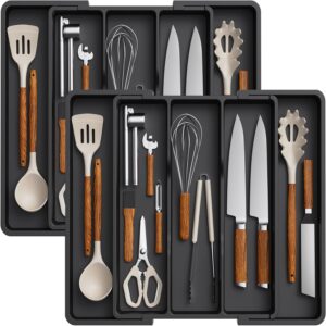 Lifewit Utensil Organizer for Kitchen Drawers, Expandable Cooking Utensil Tray, Adjustable Cutlery Silverware Flatware Holder, Plastic Kitchen Spatula Tools and Gadgets Storage Divider, 2 Pack, Black