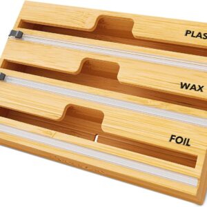 SpaceAid WrapNeat 3 in 1 Wrap Organizer with Cutter and Labels, Plastic Wrap, Aluminum Foil and Wax Bamboo Dispenser for Kitchen Storage Organization Holder for 12" Roll (Natural)