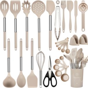 Kitchen Utensils Set, 28 Pcs Silicone Cooking Utensils Set with Holder, Spatula Set, Silicone Whisk, Scissors, Measuring Cups and Spoons Set with Stainless Steel Handle Kitchen Gadgets (Khaki)