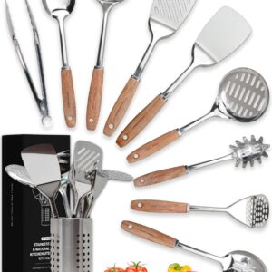 Home Hero Stainless Steel Kitchen Utensils Set - Wood Handle Nonstick Stainless Steel Cooking Utensils Set - Heat Resistant Kitchen Essentials & Metal Kitchen Gadgets (Silver & Wood)