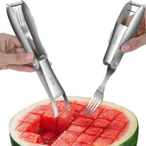 CripsTaste 2 Pack Watermelon Cutter with Retractable Fork, 2-in-1 Stainless Steel Fruit Cutter Watermelon Cutter Slicer Tool, Melon Slicer Cutter Tool for Home Party Camping Kitchen Gadget
