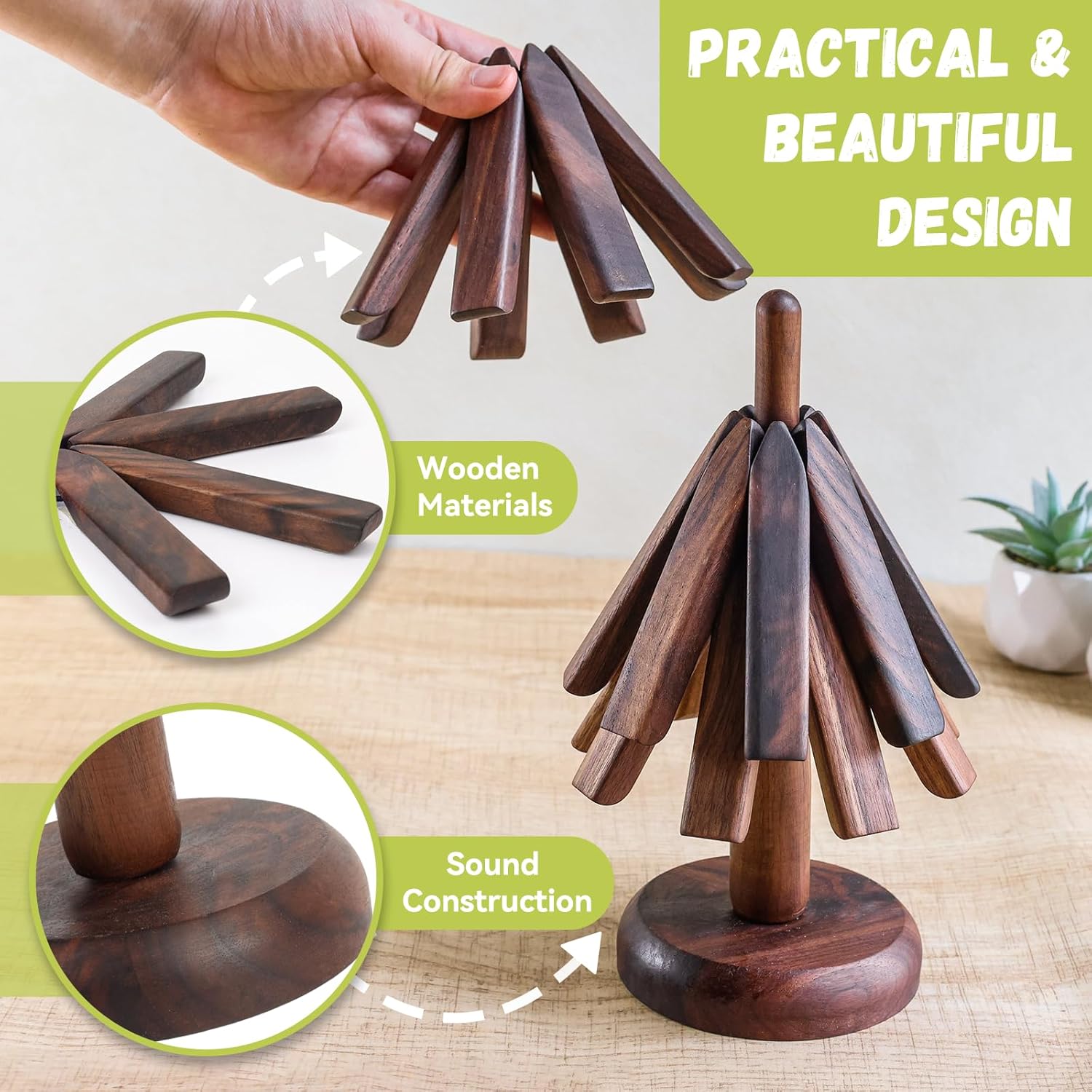 Black Walnut Wood Table Mat Set,Wood Coasters, Creative Small Tree Coaster, Wooden Trivets for Hot Dishes,Unique Kitchen Gadgets, Home Desktop Decorations (Black Walnut) - Image 3