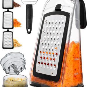 Cheese Grater with Garlic Crusher- Box Grater Vegetable Shredder with 3 Stainless Steel Blades - Graters for Kitchen- Cheese Graters with Handle - Garlic Mincer Tool and Vegetable Peeler