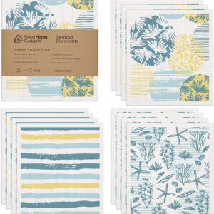 Swedish Dishcloths for Kitchen | 12-Pack Ocean Collection | Absorbent Reusable Swedish Dishcloths, Eco-Friendly Cellulose Sponge Dishtowels