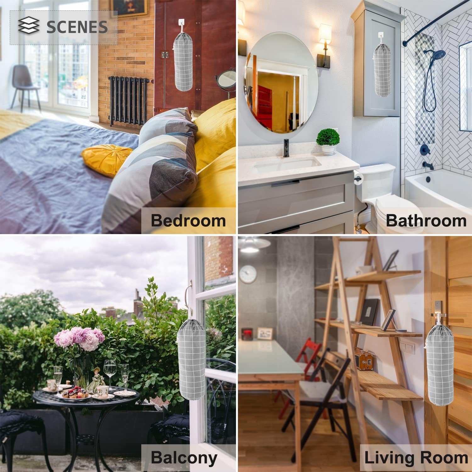 SYIPO Plastic Bag Holder, Wall Mount Organizer, Shopping Bags Carrier, Washable Large Grocery Storage Dispenser for Home Kitchen Travelling, Free Adjustment with Drawstring (Check Gray) - Image 7