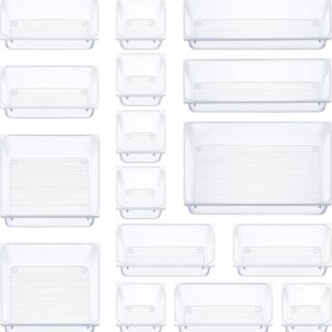 Clear Plastic Drawer Organizers Set, Versatile Bathroom and Vanity Drawer Organizer Trays, Storage Bins for Makeup, Bedroom, Kitchen Gadgets Utensils and Office Accessories (16 Piece)